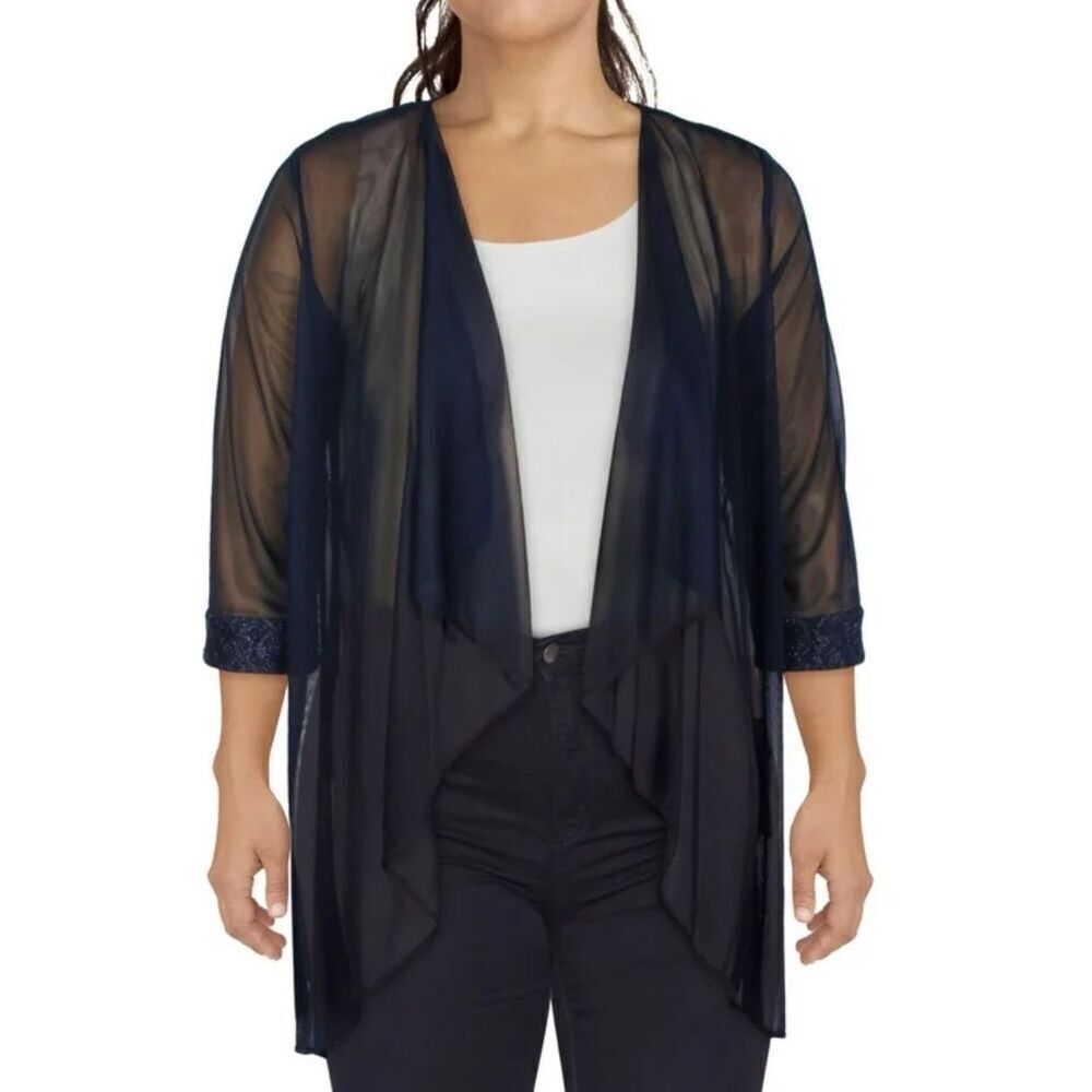 R&M Richards Cardigan Size 16 Black 3/4 Sleeve Glitter Mesh NEW‎